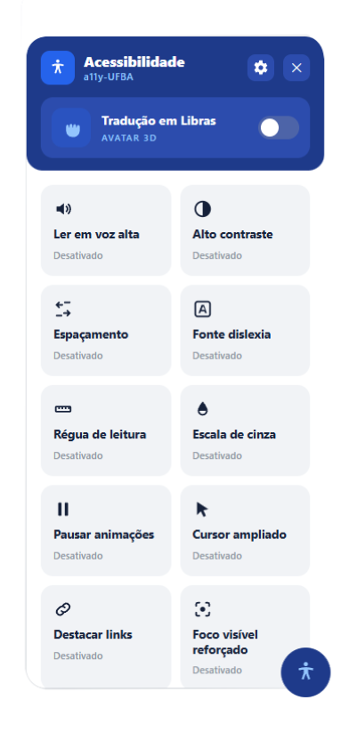Painel principal do plugin a11y-UFBA com toggle de Tradução em Libras e recursos de acessibilidade