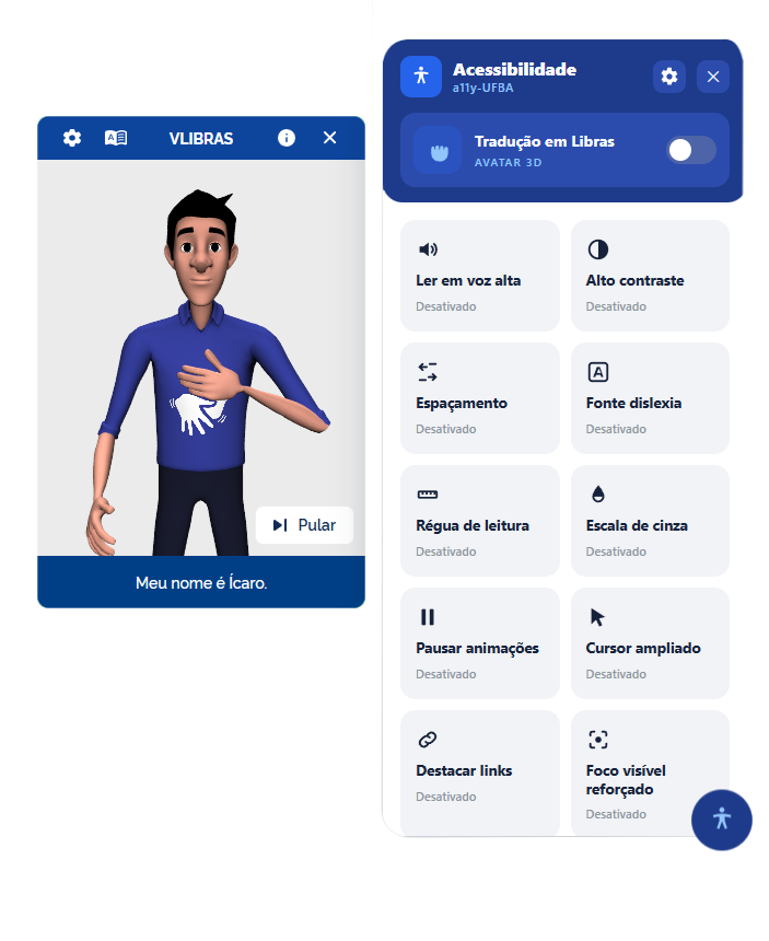 Avatar 3D do VLibras traduzindo conteúdo em Libras, ao lado do painel do a11y-UFBA